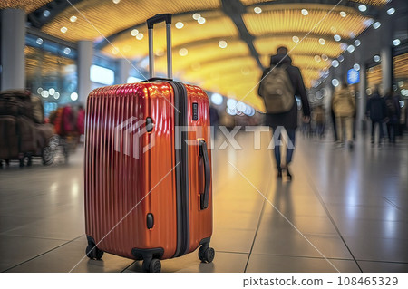 Solitary Red Suitcase in a Travelers' Terminal with blurred figures in the background Solitary Red Suitcase in a Travelers' Terminal with blurred figures in the background 108465329
