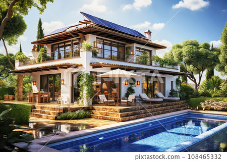 Sloped Solar Panel System on the Roof of a Luxury Residential House with Manicured Garden and Swimming Pool 108465332
