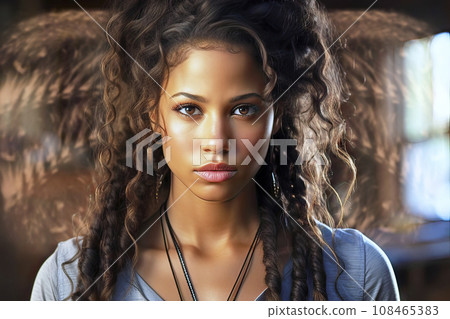 Serious-Looking Young Black Woman with Artistically Styled Braided Locks 108465383