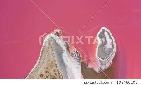 Flying over a pink salt lake. Salt production facilities saline evaporation pond fields in the salty lake. Dunaliella salina impart a red, pink water in mineral lake with dry cristallized salty coast. 108466105