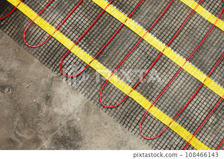 Installation of underfloor heating for thermal comfort using conduction radiation and convection. Close on the water system full interior heating. Individual heating. Installation of underfloor heating for thermal comfort using conduction radiation and convection. Close on the water system full interior heating. Individual heating. 108466143