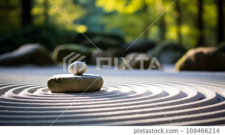 A peaceful Zen rock garden, with perfectly raked gravel as the background, during a calm afternoon A peaceful Zen rock garden, with perfectly raked gravel as the background, during a calm afternoon 108466214