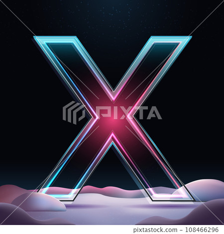 3D letter X with neon light insight. Glass letter with sparkles and winter background. Holiday decoration. Element for design poster, advertisign or game 3D letter X with neon light insight. Glass letter with sparkles and winter background. Holiday decoration. Element for design poster, advertisign or game 108466296