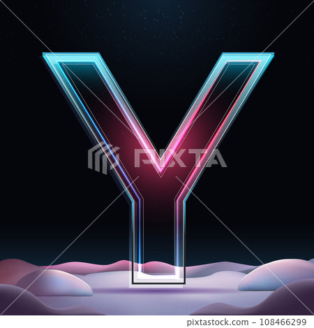 3D glass letter Y with neon light insight. Big relistic letter with sparkles and winter background. Holiday decoration. Element for design poster, advertisign or game 3D glass letter Y with neon light insight. Big relistic letter with sparkles and winter background. Holiday decoration. Element for design poster, advertisign or game 108466299