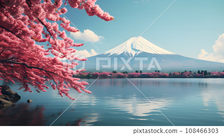 A photo of Mount Fuji, with a snow-capped peak as the background, during sunrise 108466303