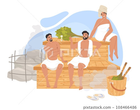 Happy people male and female characters in steaming room 108466486