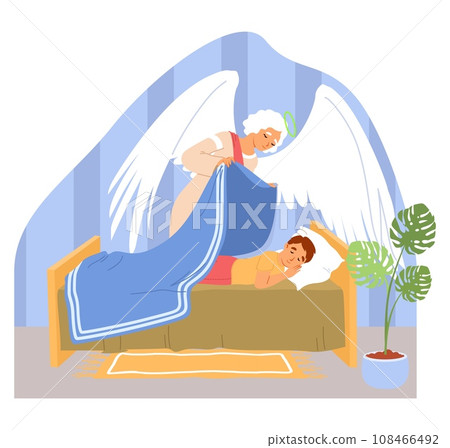 Angel keeper with wings caring for sleeping boy child 108466492