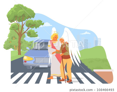 Guardian angel helping senior man with walk stick across road 108466493