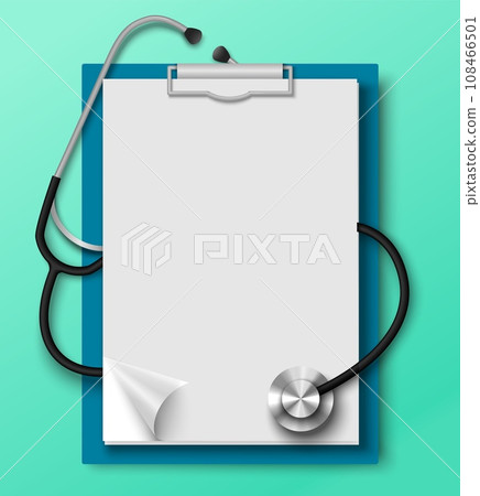 Medical clipboard with blank empty paper and stethoscope 108466501