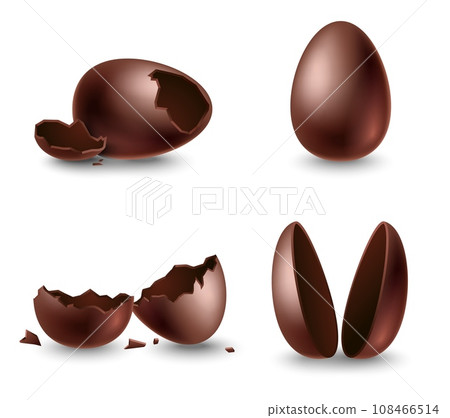 Broken eggshell, two halves and whole chocolate eggs 108466514