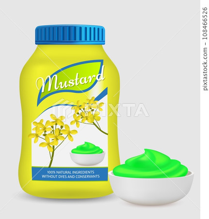 Mustard sauce plastic package and bowl plate vector illustration Mustard sauce plastic package and bowl plate vector illustration 108466526