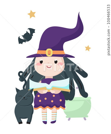 Little girl witch character reading spell in magic book 108466533