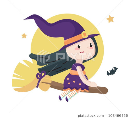 Cute cartoon Halloween witch character flying on broom 108466536