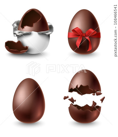 Realistic chocolate eggs, whole, broken, decorated with bow eggshell Realistic chocolate eggs, whole, broken, decorated with bow eggshell 108466541