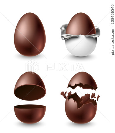 Cracked, whole, halved wrapped in foil chocolate eggs Cracked, whole, halved wrapped in foil chocolate eggs 108466546