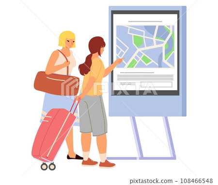 Young woman traveler using self-service navigation kiosk Young woman traveler using self-service navigation kiosk 108466548