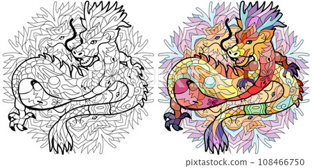 Zentangle dragon on mandala for coloring. Hand drawn decorative vector illustration. Color and outline set 108466750