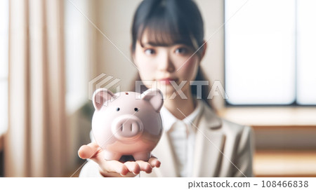 日本女人拿著豬存錢筒AI影像 日本女人拿著豬存錢筒AI影像 108466838