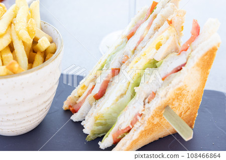 Delicious clubhouse sandwich and fries 108466864