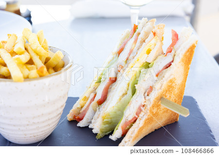 Delicious clubhouse sandwich and fries 108466866