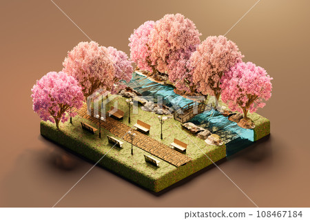 Model of garden with pink blossom trees and benches in light. 3d isometric render 108467184