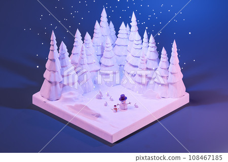 Snowy forest in winter with snowmen while snowing in isometric view. 3d render christmas concept 108467185