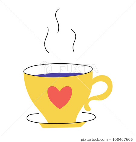 Hand drawn Cup of tea. Hot drink. Mug with heart. Bright decorative element. Color flat vector illustration isolated on a white background. 108467606