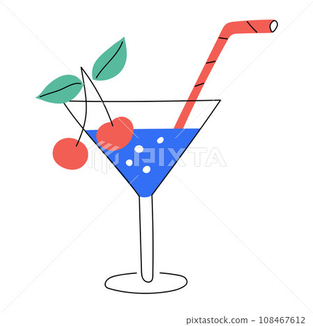 Hand drawn cocktail with cherry and straw. Cold drink, summer beverage. Bright decorative element. Color flat vector illustration isolated on a white background. Hand drawn cocktail with cherry and straw. Cold drink, summer beverage. Bright decorative element. Color flat vector illustration isolated on a white background. 108467612