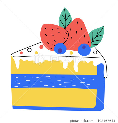Hand drawn piece of cake with strawberry and blueberry. Sweet food, dessert. Bright decorative element. Color flat vector illustration isolated on a white background. Hand drawn piece of cake with strawberry and blueberry. Sweet food, dessert. Bright decorative element. Color flat vector illustration isolated on a white background. 108467613