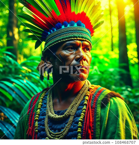 Generated by artificial intelligence. Portrait of Aztec or Mayan warrior in jungle. War paint on Generated by artificial intelligence. Portrait of Aztec or Mayan warrior in jungle. War paint on 108468707