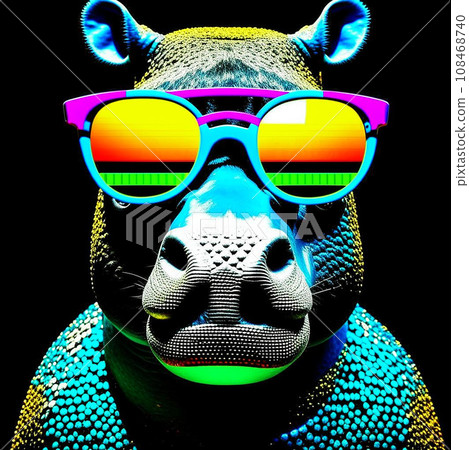 Generated by artificial intelligence. Stylish hippopotamus in colorful glasses. Hippopotamus DJ 108468740