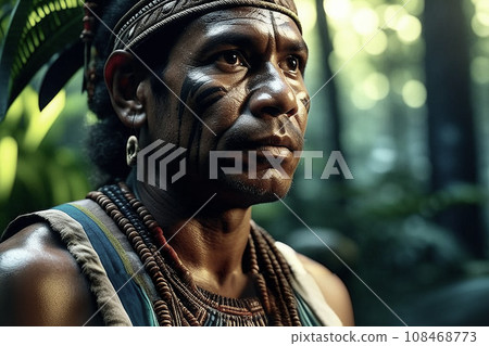 Generated by artificial intelligence. Portrait of Aztec or Mayan warrior in jungle. War paint on 108468773