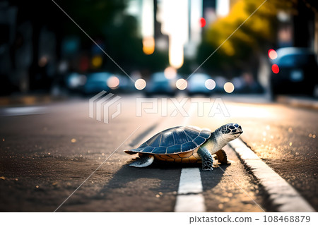 Turtle moving very quickly down a busy city street. AI generated content 108468879