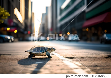 Turtle moving very quickly down a busy city street. AI generated content 108468880
