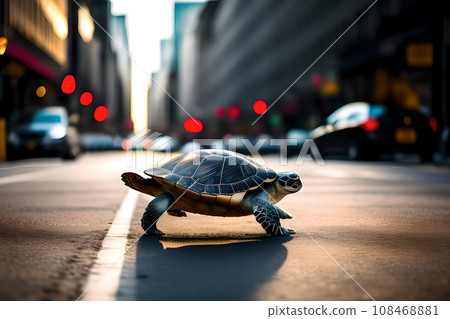 Turtle moving very quickly down a busy city street. AI generated content 108468881