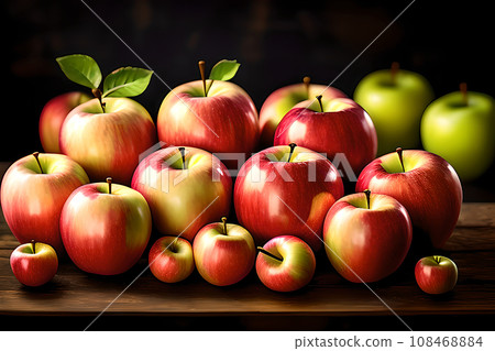 Fresh red apples on wooden background. AI generated content 108468884