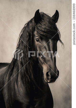 Majestic beautiful black Friesian, neutral background Majestic beautiful black Friesian, neutral background 108468999