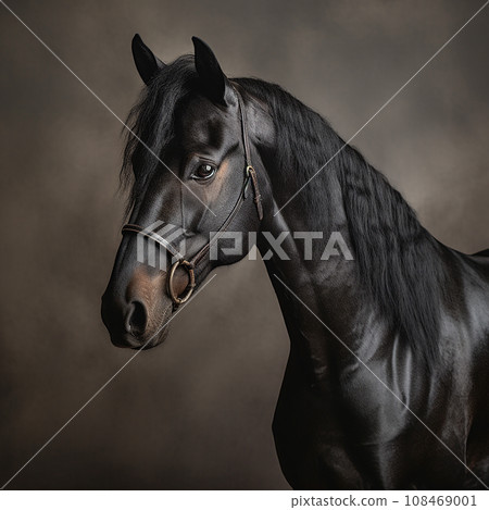 Majestic beautiful black Friesian, neutral background Majestic beautiful black Friesian, neutral background 108469001