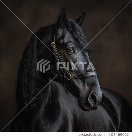 Majestic beautiful black Friesian, neutral background Majestic beautiful black Friesian, neutral background 108469002