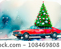 Red car with Christmas tree on top  driving on the road in water color. 108469808