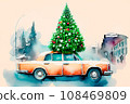 Red car with Christmas tree on top  driving on the road in water color. 108469809
