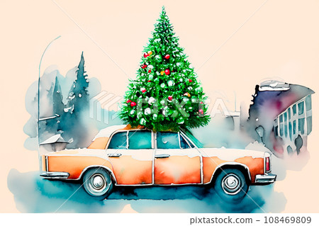 Red car with Christmas tree on top driving on the road in water color. Red car with Christmas tree on top driving on the road in water color. 108469809