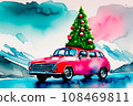 Red car with Christmas tree on top  driving on the road in water color. 108469811
