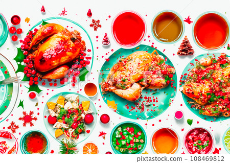 Holiday season Christmas Dinner on dinner table in water color. Holiday season Christmas Dinner on dinner table in water color. 108469812