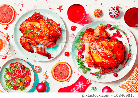 Holiday season Christmas Dinner on dinner table in water color. Holiday season Christmas Dinner on dinner table in water color. 108469813