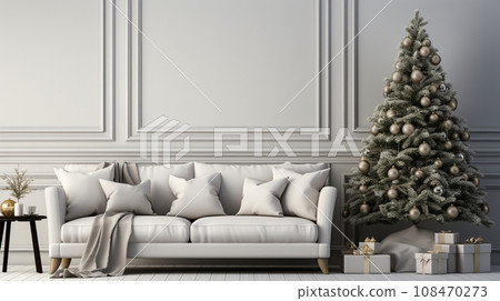 White living room with Christmas tree decorations 108470273