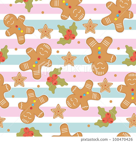 Christmas festive pattern with gingerbread man, vector illustration in cartoon style 108470426