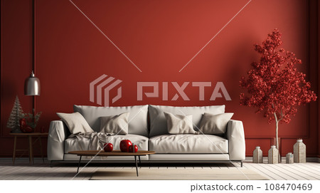 紅色為主色調的客廳，配有聖誕樹裝飾 108470469