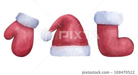 Christmas set, red mitten hat sock. Santa Claus clothes. Happy New Year! Hand drawn watercolor illustration isolated on white background. Clipart for cards and other designs 108470522
