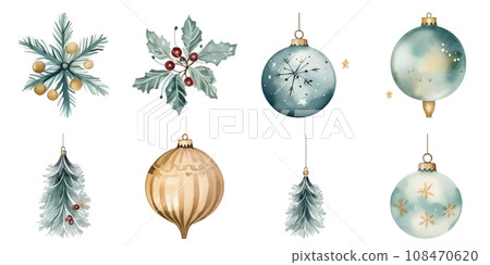 Watercolor style illustration of Christmas ornaments Watercolor style illustration of Christmas ornaments 108470620